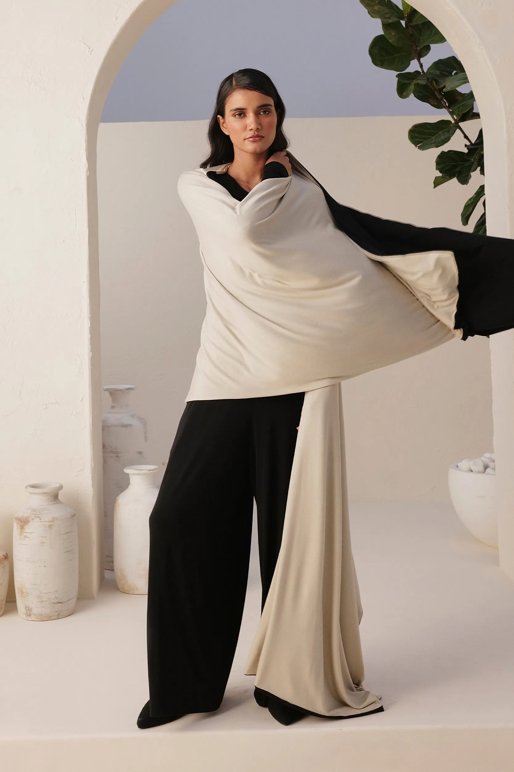 Sand Skin Sleeves Jumpsuit (Black) & Sand Skin Reversible Shawl (Black & Natural)