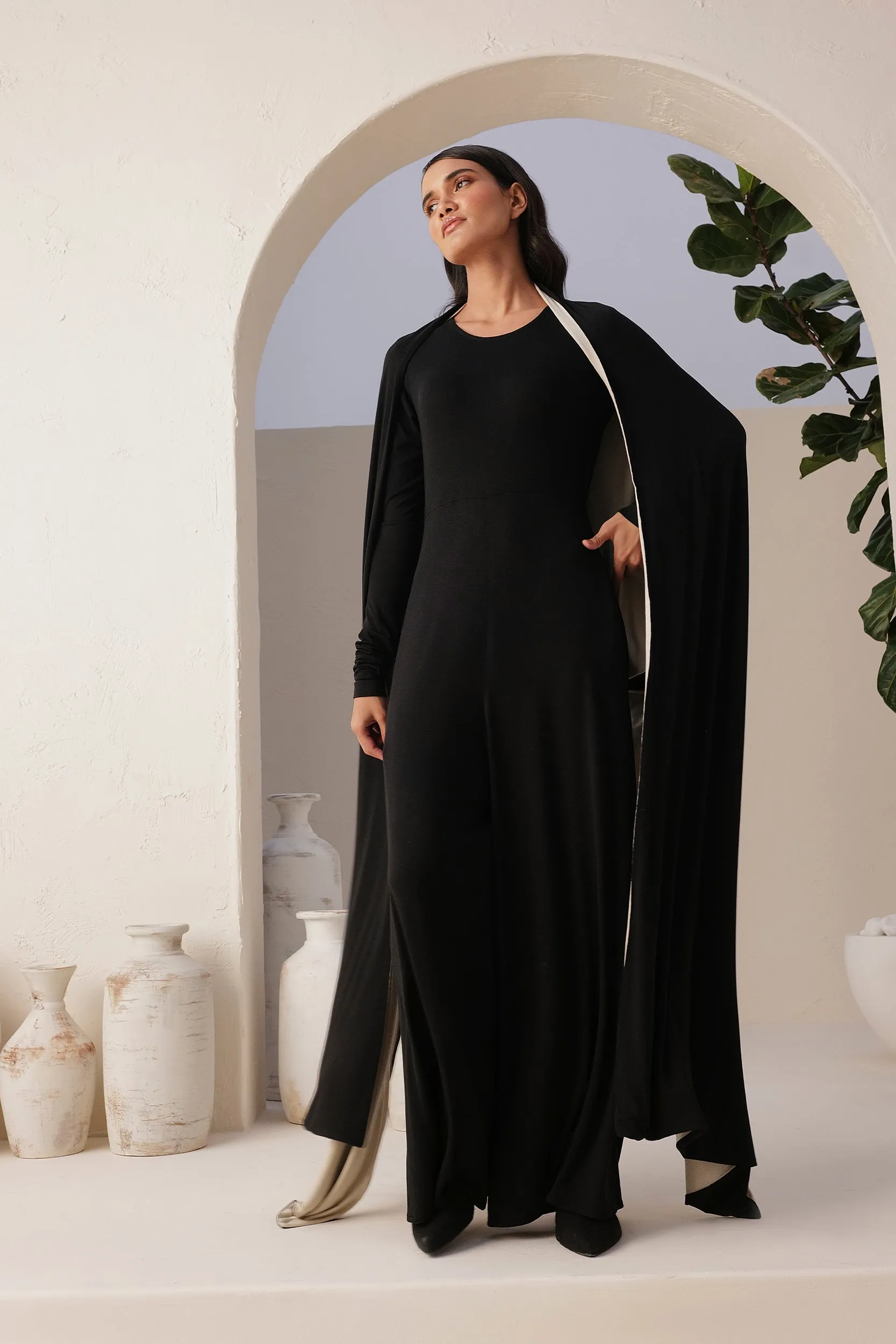 Sand Skin Sleeves Jumpsuit (Black) & Sand Skin Reversible Shawl (Black & Natural)