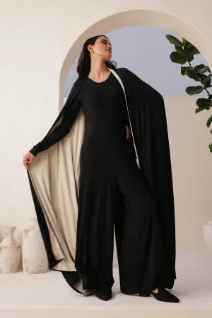 Sand Skin Sleeves Jumpsuit (Black) & Sand Skin Reversible Shawl (Black & Natural)
