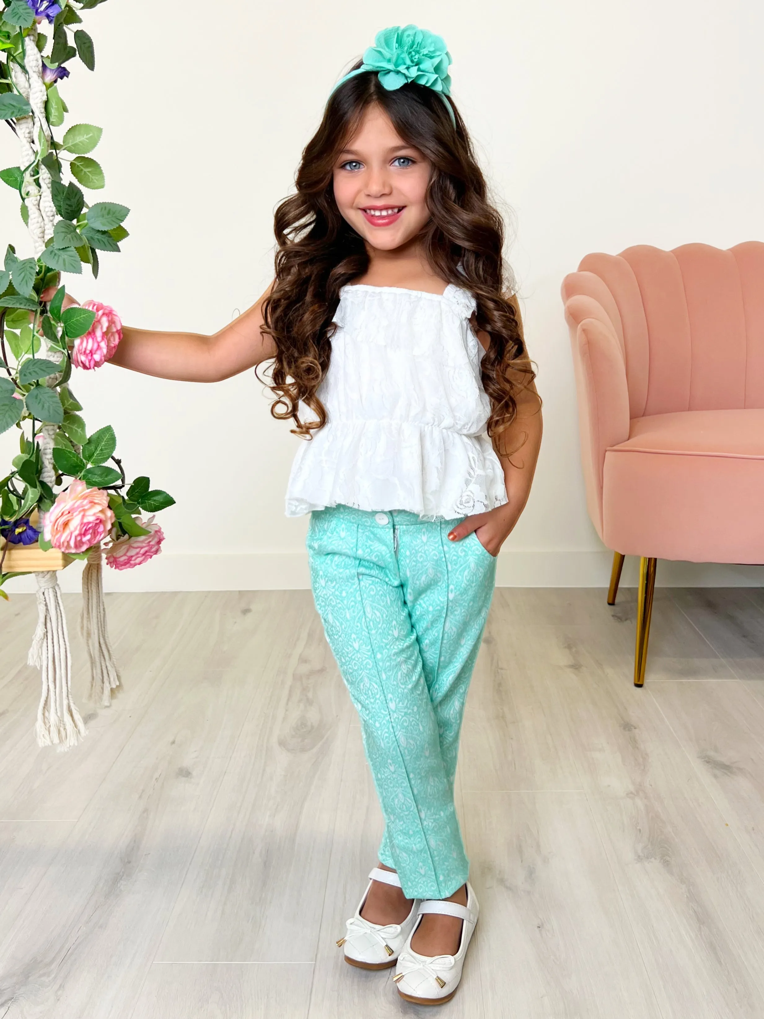 Sassy Mint Jacquard Pants by Kids Couture