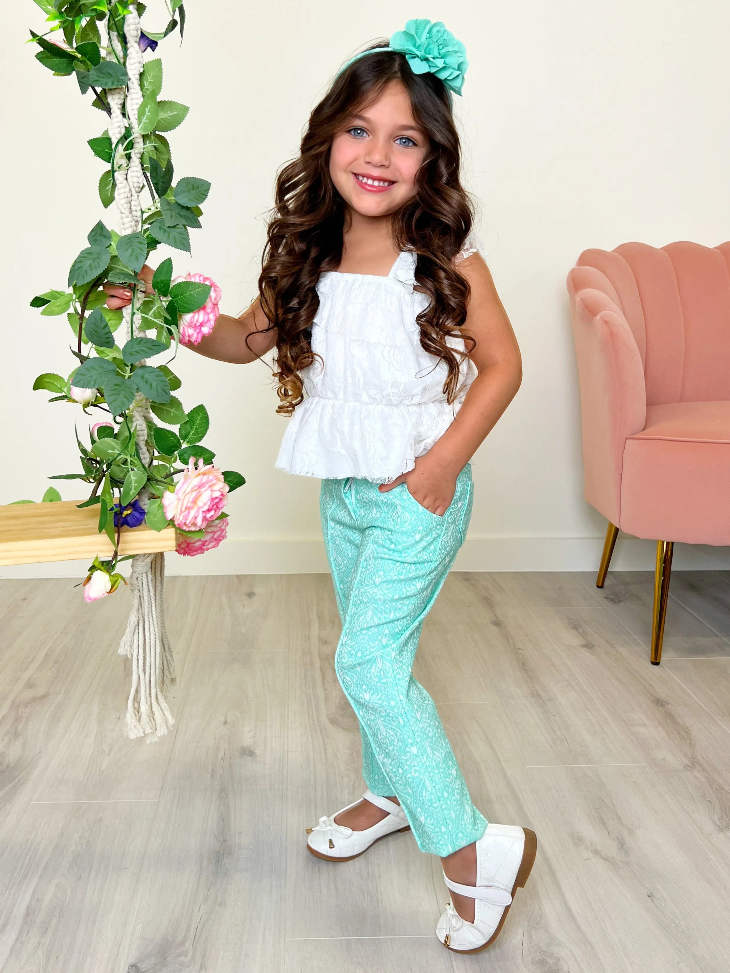 Sassy Mint Jacquard Pants by Kids Couture