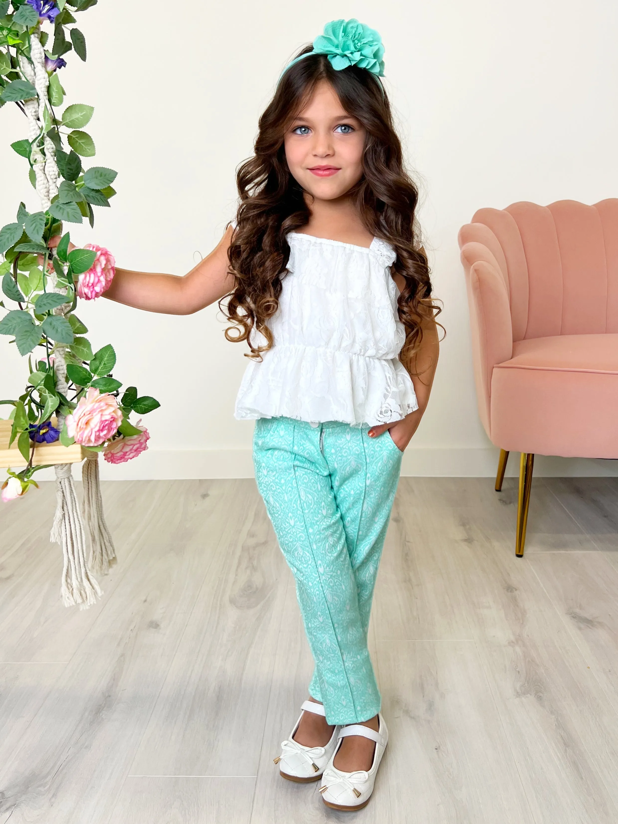 Sassy Mint Jacquard Pants by Kids Couture