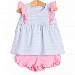Sky Blue Stripes Ruffle Short Set, Blue