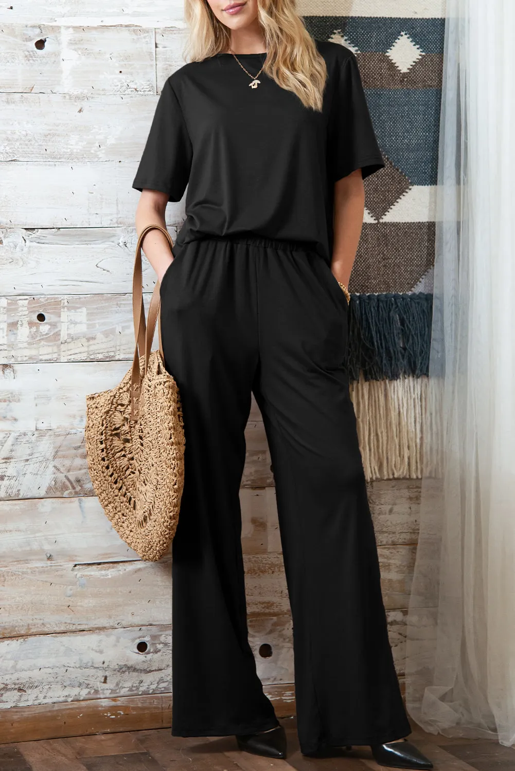 Solid Color T-Shirt and Wide Leg Pants Set