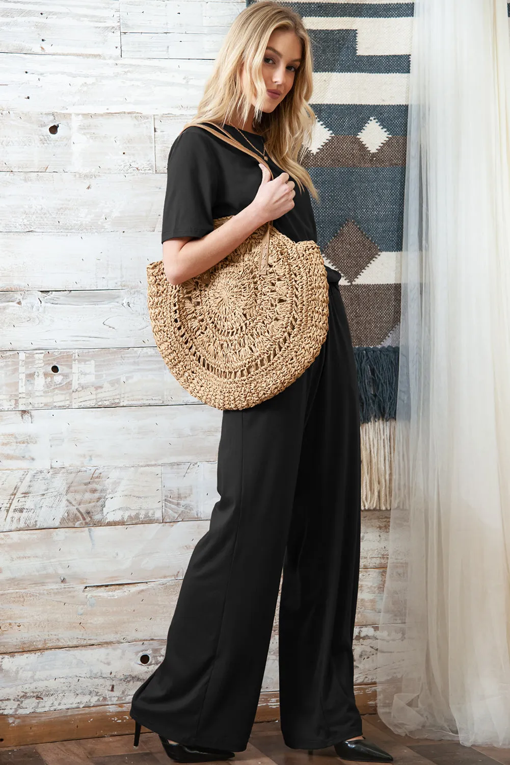Solid Color T-Shirt and Wide Leg Pants Set