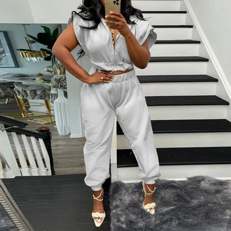Solid Sleeveless Hoodie Top & Pants Set