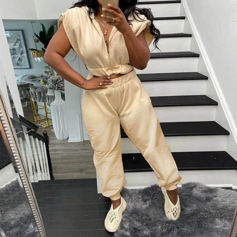 Solid Sleeveless Hoodie Top & Pants Set