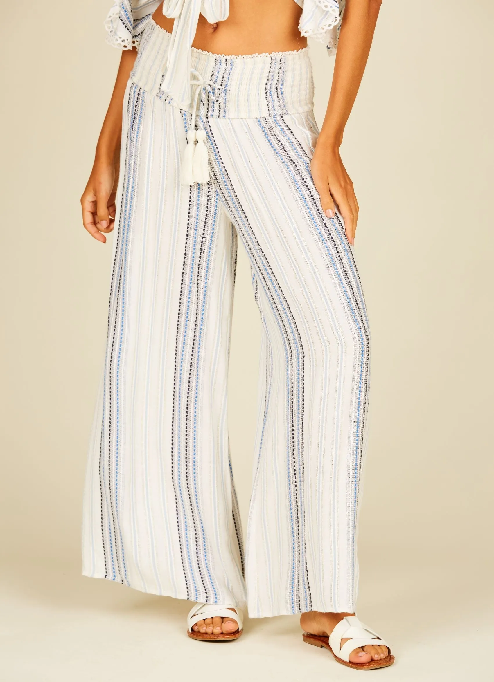 Stripe Wide Leg Smock Waist Tassel Pant