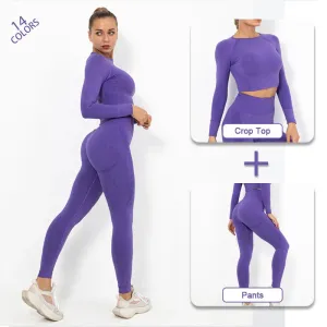 Striped Seamless Yoga Set - Long Sleeve Crop Top and High Waist Leggings (2Pcs)