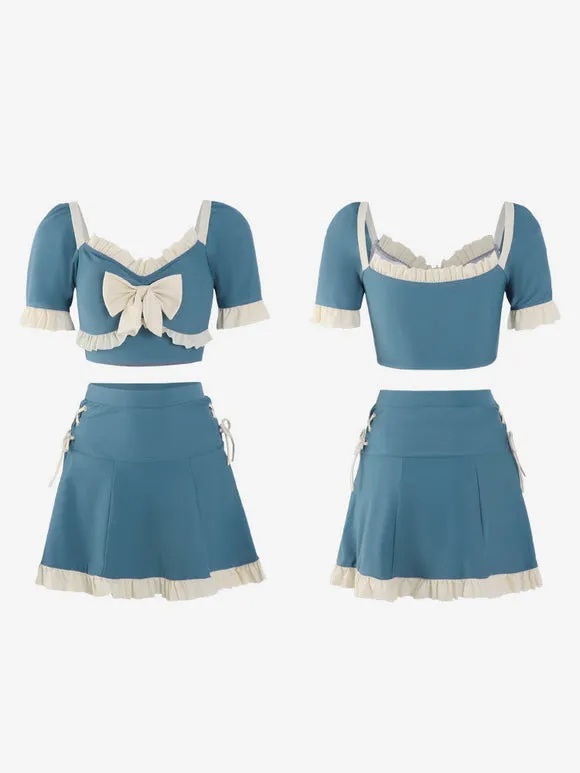 Sweet Lolita Outfits Blue Bows Ruffles Color Block Short Sleeves Skirt Pants Top