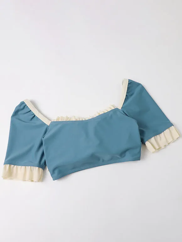 Sweet Lolita Outfits Blue Bows Ruffles Color Block Short Sleeves Skirt Pants Top