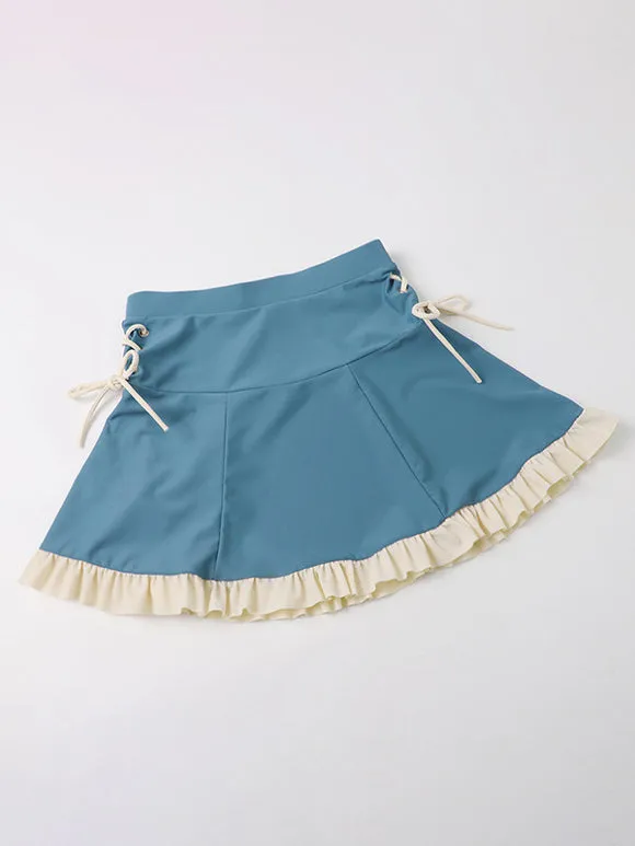 Sweet Lolita Outfits Blue Bows Ruffles Color Block Short Sleeves Skirt Pants Top