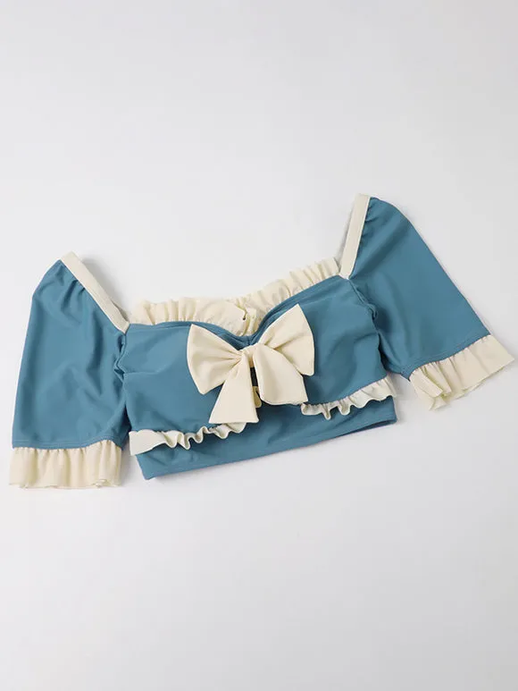 Sweet Lolita Outfits Blue Bows Ruffles Color Block Short Sleeves Skirt Pants Top