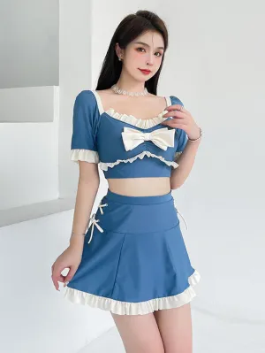Sweet Lolita Outfits Blue Bows Ruffles Color Block Short Sleeves Skirt Pants Top