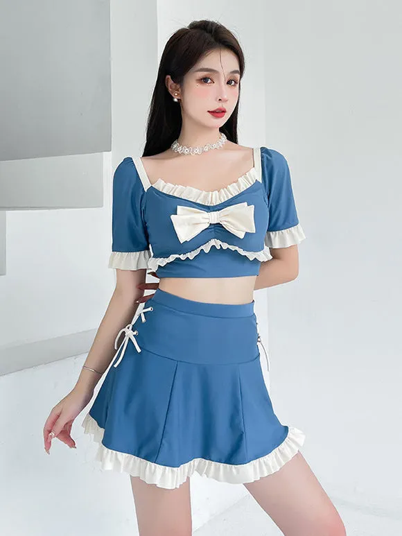 Sweet Lolita Outfits Blue Bows Ruffles Color Block Short Sleeves Skirt Pants Top