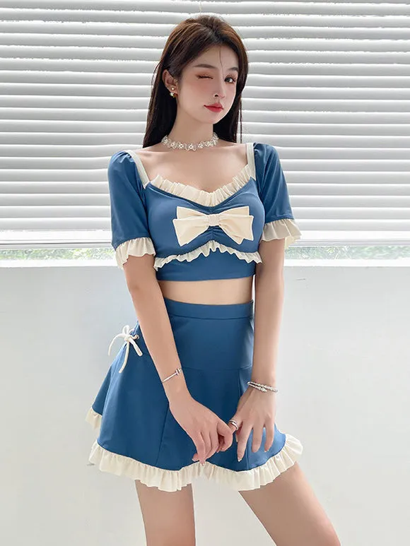 Sweet Lolita Outfits Blue Bows Ruffles Color Block Short Sleeves Skirt Pants Top