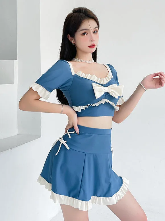 Sweet Lolita Outfits Blue Bows Ruffles Color Block Short Sleeves Skirt Pants Top