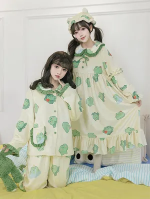 Sweet Lolita Outfits Green Ruffles Floral Print Long Sleeves Pants Hat Top