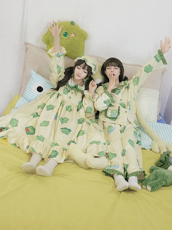 Sweet Lolita Outfits Green Ruffles Floral Print Long Sleeves Pants Hat Top