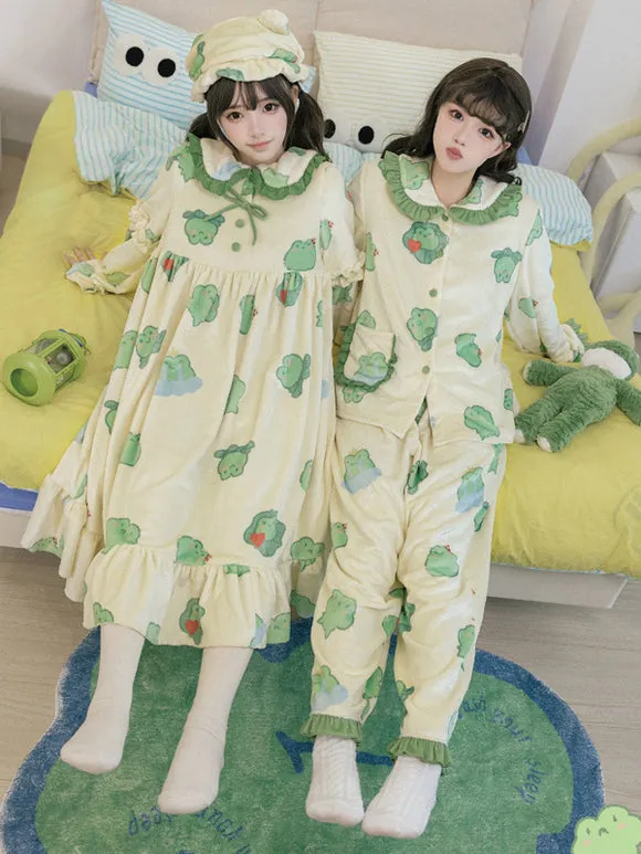 Sweet Lolita Outfits Green Ruffles Floral Print Long Sleeves Pants Hat Top