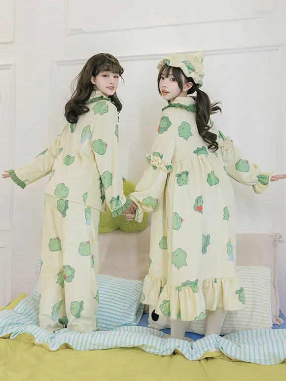 Sweet Lolita Outfits Green Ruffles Floral Print Long Sleeves Pants Hat Top