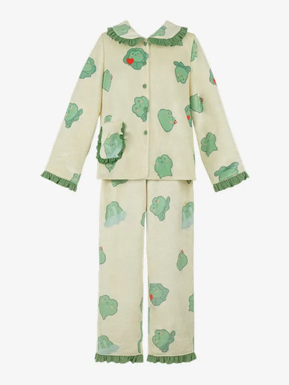 Sweet Lolita Outfits Green Ruffles Floral Print Long Sleeves Pants Hat Top
