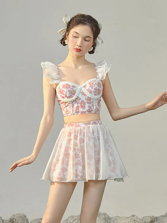 Sweet Lolita Outfits Pink Ruffles Floral Print Sleeveless Top Pants