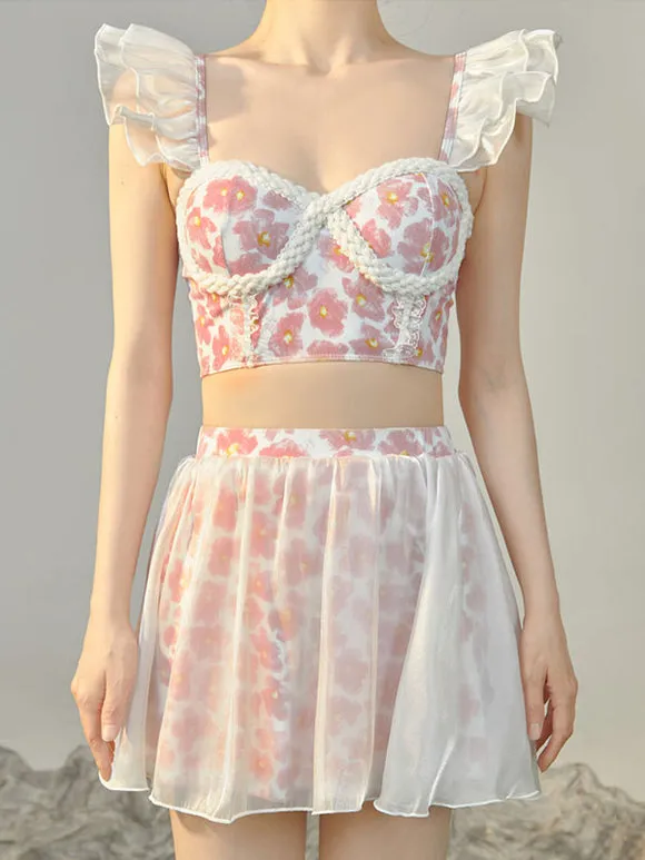 Sweet Lolita Outfits Pink Ruffles Floral Print Sleeveless Top Pants