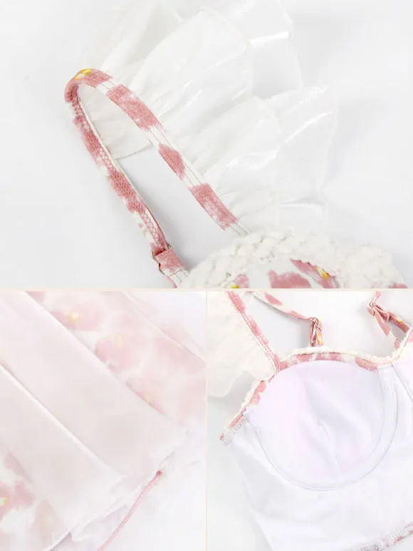 Sweet Lolita Outfits Pink Ruffles Floral Print Sleeveless Top Pants