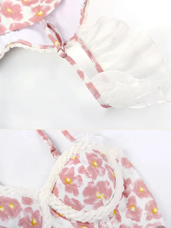 Sweet Lolita Outfits Pink Ruffles Floral Print Sleeveless Top Pants