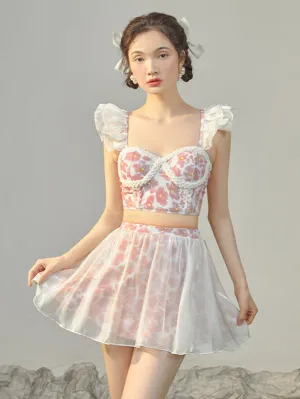 Sweet Lolita Outfits Pink Ruffles Floral Print Sleeveless Top Pants
