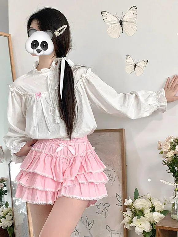 Sweet Lolita Outfits Pink Ruffles Bows Long Sleeves Top Skirt