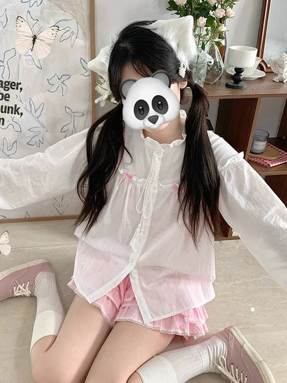 Sweet Lolita Outfits Pink Ruffles Bows Long Sleeves Top Skirt