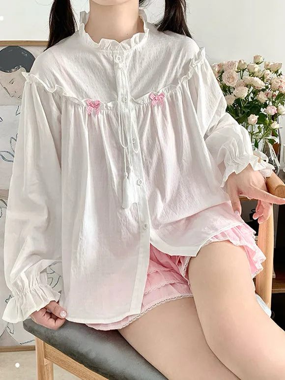 Sweet Lolita Outfits Pink Ruffles Bows Long Sleeves Top Skirt