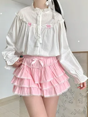 Sweet Lolita Outfits Pink Ruffles Bows Long Sleeves Top Skirt
