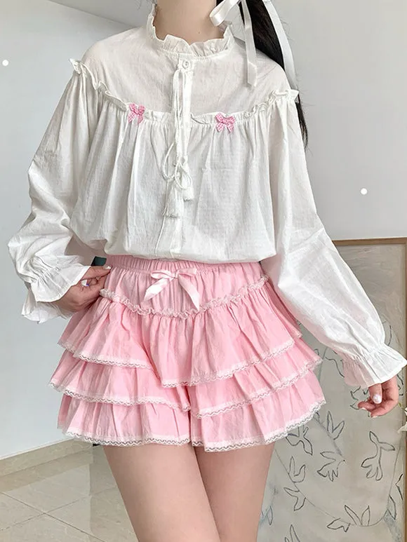 Sweet Lolita Outfits Pink Ruffles Bows Long Sleeves Top Skirt
