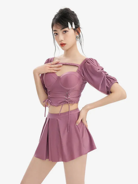 Sweet Lolita Outfits Purple Lace Up Short Sleeves Top Pants