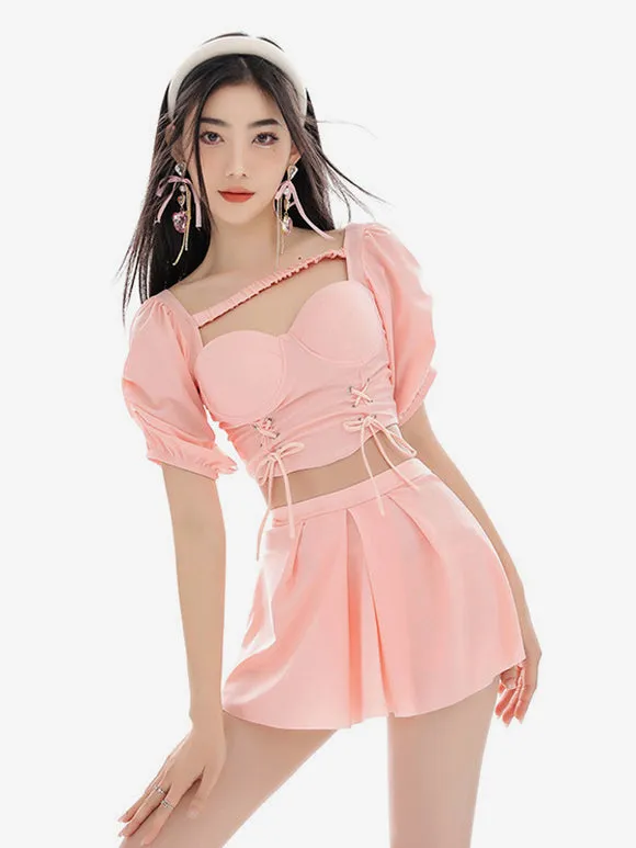 Sweet Lolita Outfits Purple Lace Up Short Sleeves Top Pants
