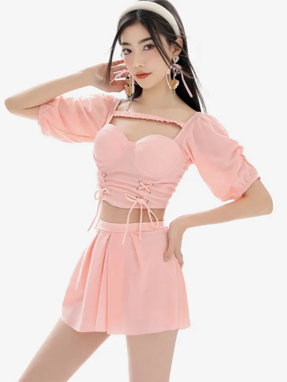 Sweet Lolita Outfits Purple Lace Up Short Sleeves Top Pants