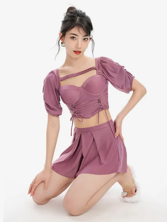 Sweet Lolita Outfits Purple Lace Up Short Sleeves Top Pants