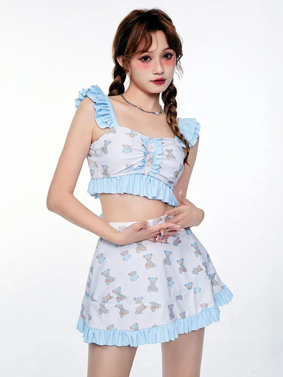Sweet Lolita Swimsuits Light Sky Blue Ruffles Floral Print Sleeveless Skirt Pants Top