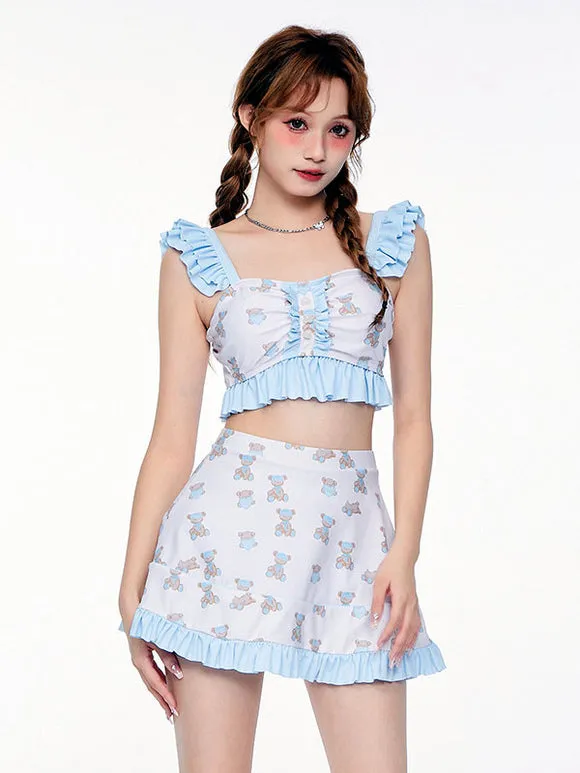 Sweet Lolita Swimsuits Light Sky Blue Ruffles Floral Print Sleeveless Skirt Pants Top