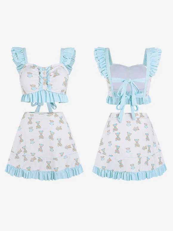 Sweet Lolita Swimsuits Light Sky Blue Ruffles Floral Print Sleeveless Skirt Pants Top