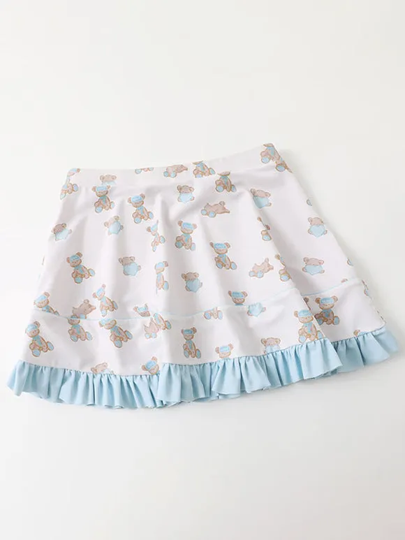 Sweet Lolita Swimsuits Light Sky Blue Ruffles Floral Print Sleeveless Skirt Pants Top