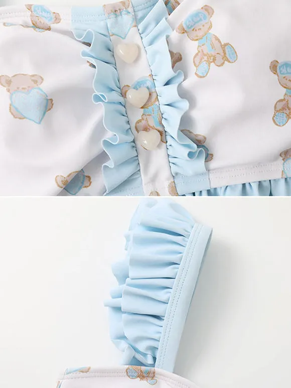 Sweet Lolita Swimsuits Light Sky Blue Ruffles Floral Print Sleeveless Skirt Pants Top