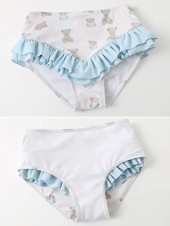 Sweet Lolita Swimsuits Light Sky Blue Ruffles Floral Print Sleeveless Skirt Pants Top