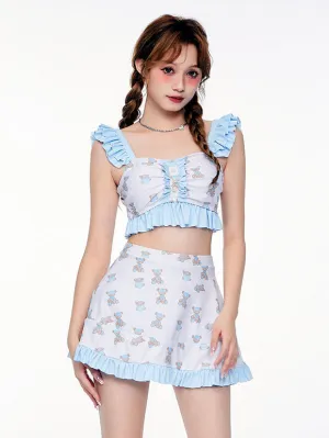 Sweet Lolita Swimsuits Light Sky Blue Ruffles Floral Print Sleeveless Skirt Pants Top