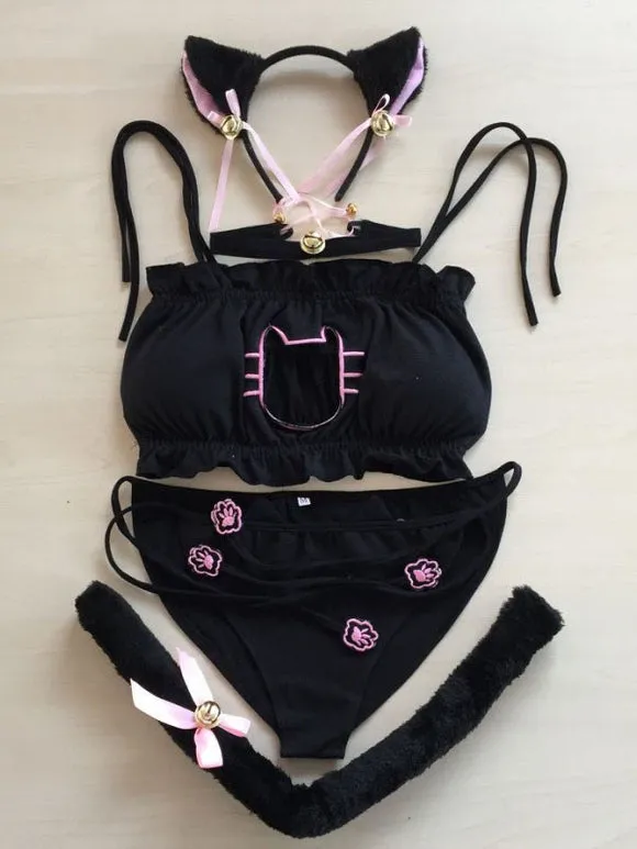 Sweet Lolita Underwear 2-Piece Set Black Lace Up Pants Sleeveless Top Cat Costumes Outfits