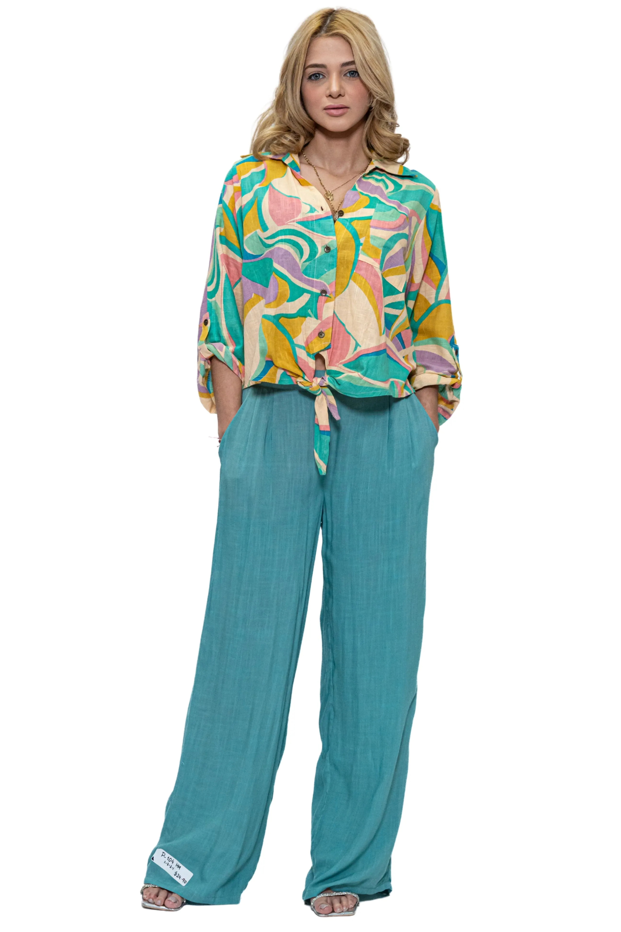 T-1005 Tie Knot Button Down Casual Blouse
