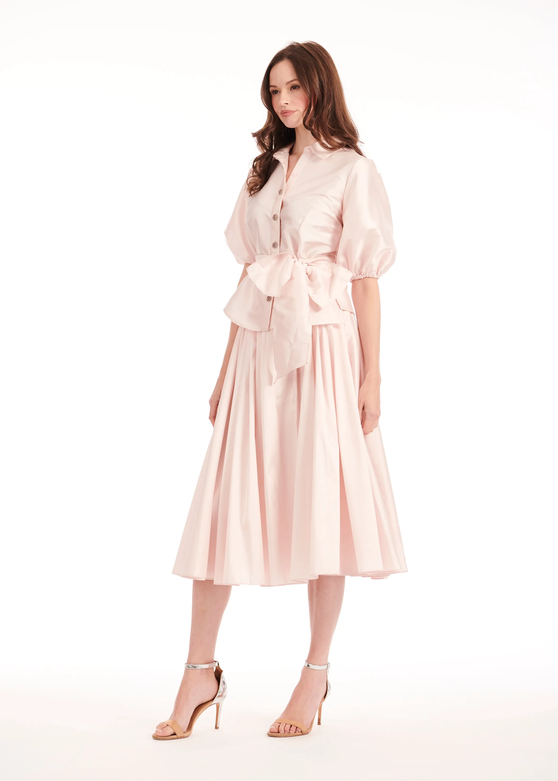 TAFFETA PUFF SLEEVE BLOUSE WITH CRYSTAL FLOWER BUTTONS BLUSH